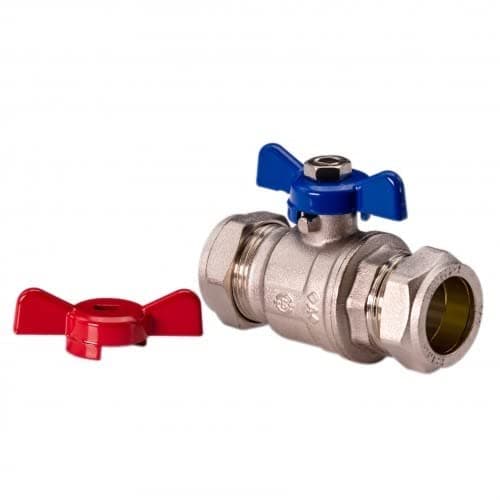 Image of UKDD® 15mm Heavy Duty Full BORE Butterfly Ball Valve Isolation Valve with RED & Blue Handle Compression WRAS Approved Thumb Trun Handle