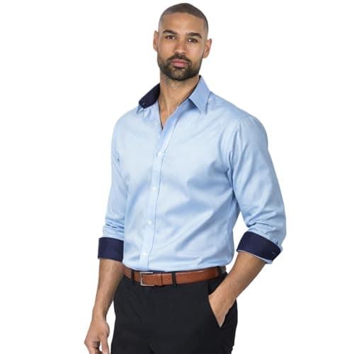 Image of Mens Long Sleeve Shirt Tailored Fit Easy Iron Collared Button Up Poplin Smart Casual Business Wedding Office Shirt (Light Blue/Navy Contrast, 15.5)