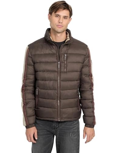 Image of GUESS mens Klein Color Block Stripes Jacket, Dark Brown Earth, L