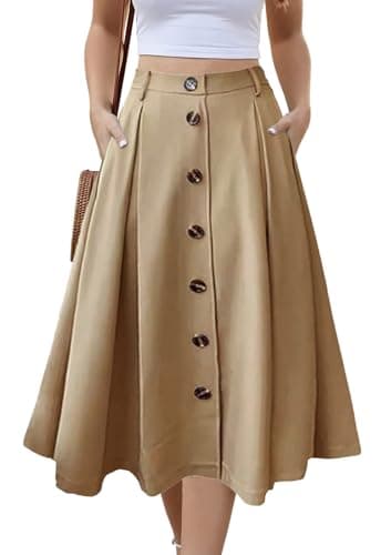 Image of Alaster Queen Women's Long Pleated Skirt Ladies Midi High Elasticated Waist Flowy Pockets Skirt for Women UK, M Khaki
