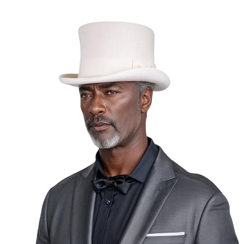 Image of hatsXcaps Wool Felt Top Hats for Men and Women - Classic high Crown with Removeable Feather & Satin Lining - Western Style Top Hat for Outdoor Adventures (UK, Alpha, S, Standard, Booring White)