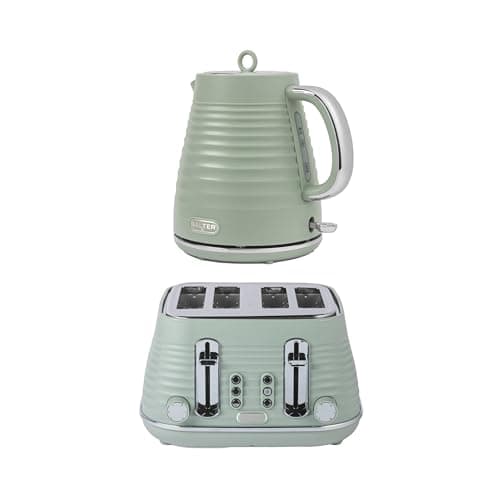 Image of Salter Ripple Sage Toaster & Kettle Set – 4-Slice 1630W Toaster, 6 Browning Levels, Defrost/Reheat/Cancel, 1.7L Rapid Boil Kettle with Removable Limescale Filter, Auto Shut-Off, Textured Design
