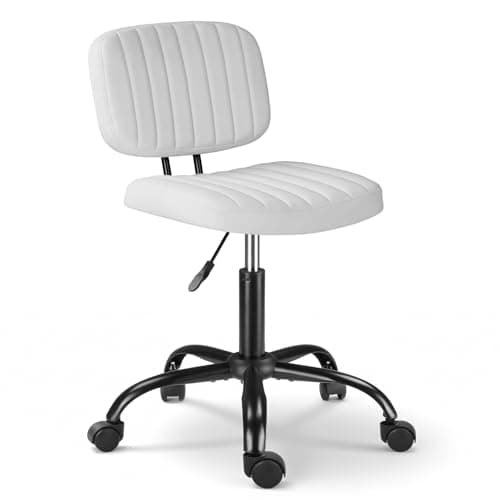 Image of Bonnlo Small Desk Chair with Wheels - Height Adjustable Swivel chair with Backrest, PU Leather Armless Chair - for Salon Massage Home Kitchen (White)