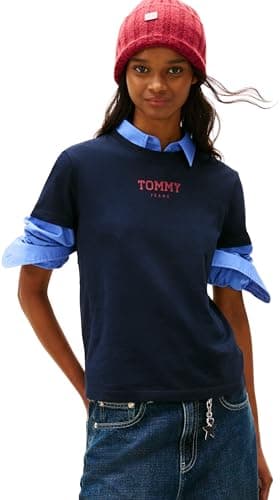 Image of Tommy Jeans Women's Tjw Reg Essential Logo 2 Tee Ext Dw0Dw21842 S/S T-Shirt, Blue (Dark Night Navy), L