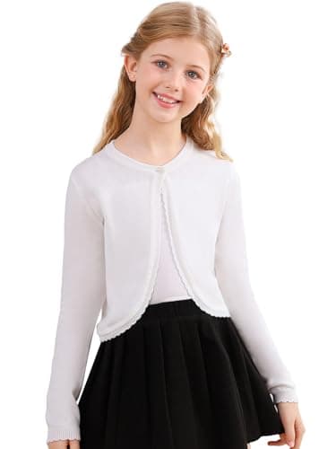 Image of Soudittur Girls Bolero Shrugs Long Sleeve Cotton One-Button Plain Wedding Bolero Cardigan Knitted Coat for Kids 3-12Years (UK, Age, 3 Years, 4 Years, Regular, White)