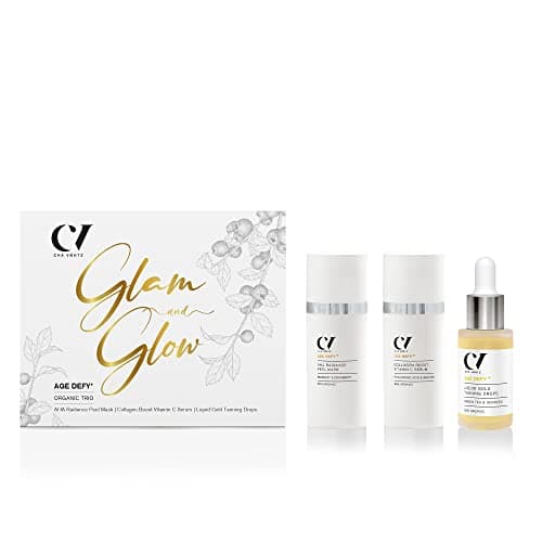 Image of Green People Age Defy+ Glam and Glow Organic Trio | Natural & Anti-Ageing Facial Gift Set by Cha Vøhtz | AHA Mask, Vitamin C Serum Tanning Drops | Paraben Free Ethyl Alcohol | Cruelty Vegan, white