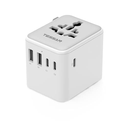 Image of TESSAN Universal Travel Adapter 28W, Worldwide Plug Adaptor with 2 USB A and 3 USB C Ports, International Travel Adapter for EU, UK, USA, AU, Power Socket Charger for Multi Countries, Grey White