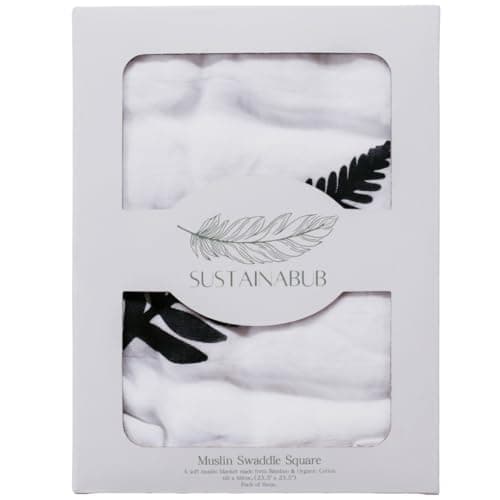 Image of Sustainabub Pack of 3 Organic Baby Muslin Cloths - Award-Winning Soft Muslin Squares. GOTS & OEKO TEX certified Bamboo & Organic Cotton Blend - Sensory Prints (Fern, 60 x 60 cm 3 Pack)