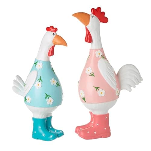 Image of Heaven Sends Colourful Cockerel Ornaments in Wellies – Set of 2 | Fun Farmhouse Chicken Figurines | Spring & Garden Decor | Home Accessories for Kitchen, Conservatory & Gift Ideas