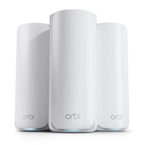 Image of NETGEAR Orbi 870 Series | WiFi 7 Mesh System | RBE873 | Wireless Router + 2 Satellites | Up to 21 Gbps | Covers 7,500 sq. ft. | Connects up to 150 devices | Tri-band BE21000 | 10 Gig Internet Port