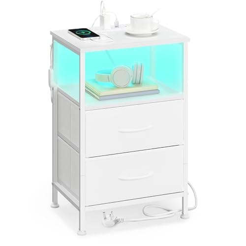 Image of SONGMICS BELLAH Collection - Bedside Table with Charging Station, Side End Table with APP-Controlled Adjustable LED Lights, 1 Open Shelf and 2 Drawers, Bedroom, Cloud White and Snow White LGS302WH02