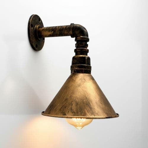 Image of LEDSone Industrial Vintage Water Pipe Wall Light Conical Metal Shade Brushed Copper Wall Lamp E27 Socket Steampunk Wall Sconces Lighting Fixtures for Farmhouse, Bedroom, Restaurant, Bar Décor