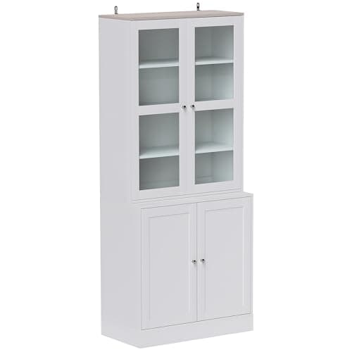 Image of HOMCOM Modern Bookcase with Glass Doors, Display Storage Cabinet with Adjustable Shelves for Living Room, Study, Home Office, Kitchen Cupboard with Small Open Counter, White and Natural