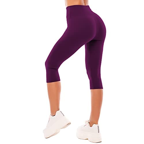 Image of SINOPHANT High Waisted Capri 3/4 Length Leggings for Women, Buttery Soft Elastic Opaque Tummy Control Leggings, Cropped Trousers for Workout Gym Yoga(Plum Purple, S-M)