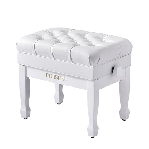 Image of FILISITE Adjustable Height Piano Bench with Storage, Heavy Duty Solid Wood Piano Stool Keyboard Bench with PU Leather Padded Cushion (White)