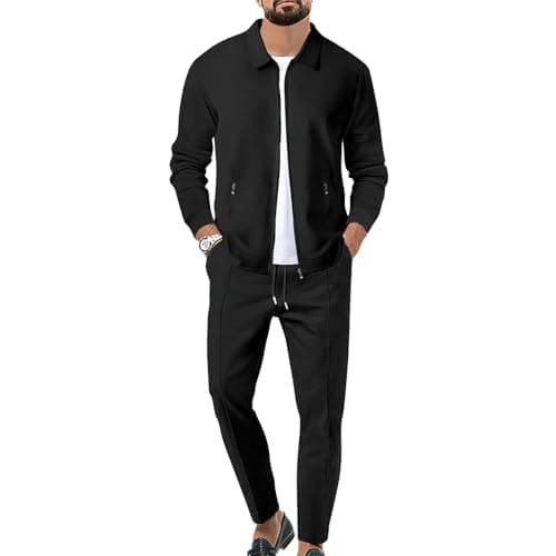 Image of aromm Men's Waffle Tracksuits Zip up Jacket Top & Jogging Trouser 2pcs Sweatsuit Set Black for Casual Sport Workout Business, M
