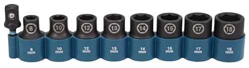 Image of Makita E-16645 Impact Black Impact Socket Set 1/2 Inch 9-Piece SW8 - SW18 with Adaptor 50 mm 1/4 Inch Hex to 1/2 Inch Square, Chrome-Molybdenum, Impact Sockets 38 mm Long