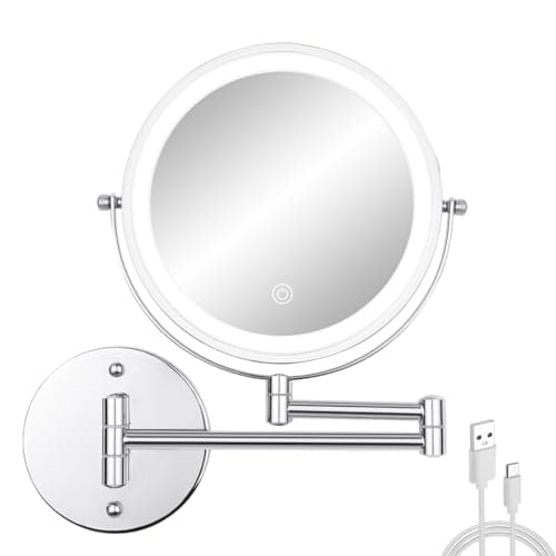 Image of FFowcye 8” Lighted Wall Mounted Makeup Mirror, Double Sided 1X/10X Magnifying Bathroom Shaving Mirror with Lights, 54 LED Wall-Mount Cosmetic Vanity Mirror, 360° Swivel Extendable Arm