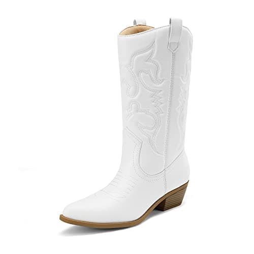 Image of DREAM PAIRS Women's Comfortable Winter Western Boots,Waterproof Mid Cowboy Boots for Ladies,Beautiful and Stylish Party and Character Dress Up Boots,Size 7,White,SDMB2218W