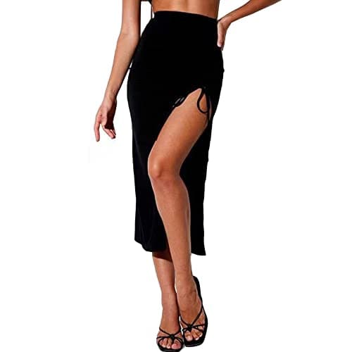 Image of TEERFU Women's Bodycon Midi Slit Skirt Summer Boho Split Thigh Twist Front Elastic Pencil Ruched Black