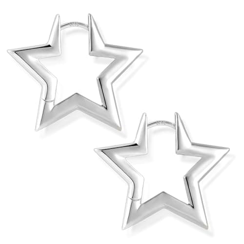 Image of ALEXCRAFT Sterling Silver Star Hoop Earrings 27mm Star Huggies Earrings Stars Earrings For Women