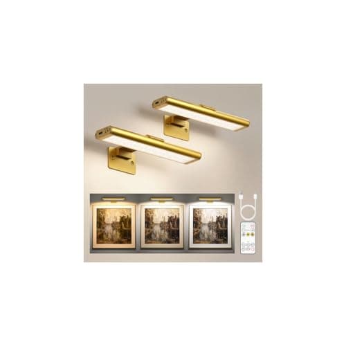 Image of EZVALO Picture Light for Wall, Rechargeable 2400mAh Battery Lights with Wireless Remote, Dimmable Magnetic LED Art Painting Light with 3 Color Temperatures (Pack of 2, Gold)