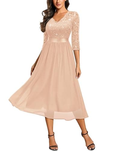 Image of MIUSOL Women's Retro V-Neck 3/4 Sleeves Sequin Lace Formal Business Cocktail Party Dress (Large, Champagne)