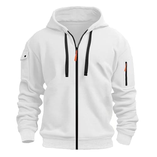 Image of Mens Hoodies Men's Zip Up Hoodie With Embroidered Badge Pocket Casual Pullover Sweatshirt For Outdoor Sports And Daily Wear (White, S)