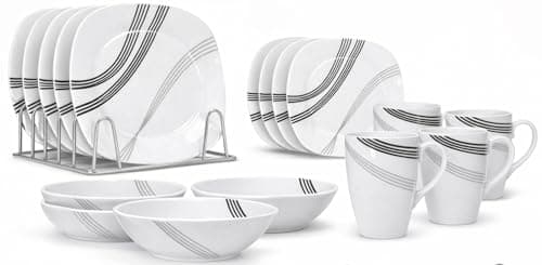 Image of Royal 16 Piece Square Porcelain Dinner Set for 4 – 4 Dinner Plates & Bowls Set 4 Side Plates & Mug, Microwave/Dishwasher Safe, Highly Resistant Dinnerware, Kitchen & Dining-Black Grey Katrina Stripe