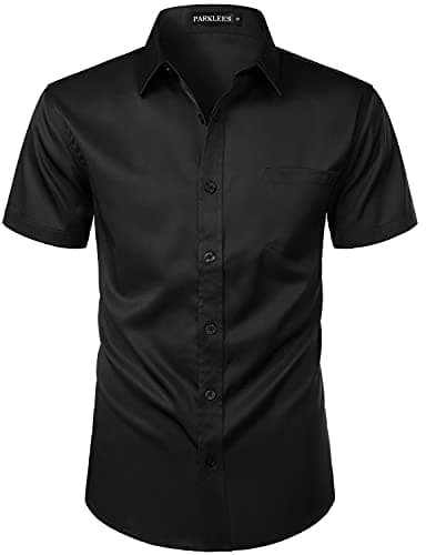 Image of PARKLEES Mens Casual Urban Stylish Slim Fit Short Sleeve Button Up Dress Shirt with Pocket ZLSC15 Black L