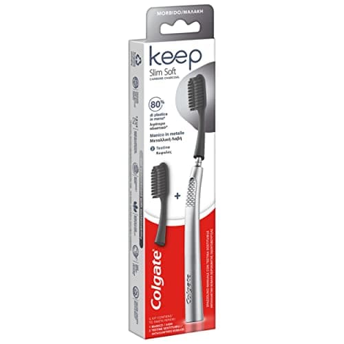 Image of Colgate Keep Slim Soft Charcoal Bristles Starter Pack | Replaceable 2X Brush Head | Reusable Metal Handle
