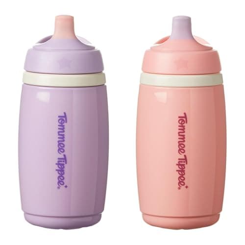 Image of Tommee Tippee Insulated Active Spout Cup, 266ml, Non-Spill Water Bottle for Toddlers 12 Months+, Insulated to Help Keep Their Drinks Cool, Pink and Purple, 2 Pack