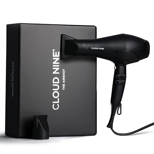 Image of CLOUD NINE The Airshot Hair Dryer | Fast Compact 2000w All Hair Types | Variable Temperature Control Low Mid High | Two Nozzles Included | Anti Static Technology Super Compact Powerful (Black)