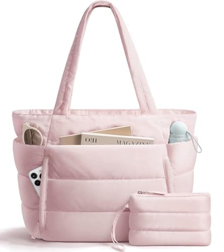 Image of Puffer Tote Bag for Women, Lightweight, Fluffy Work Handbag, Teacher, Nurse, Quilted, Shoulder Bag for School, Travel, Gym, pink, Large