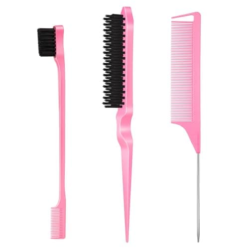 Image of SWEET VIEW 3 Pcs Slick Back Hair Brush Set with Edge Brush, Bristle Brush, Rat Tail Comb, Teasing Brush Set for Smoothing Baby Hair & Flyaways - Pink