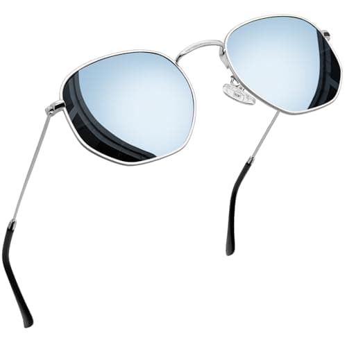 Image of Joopin Hexagonal Mens Sunglasses Polarised UV Protection, Ladies Flat Small Square Frame Sun Glasses, Polygon Silver Shades for Women(Silver Mirrored)