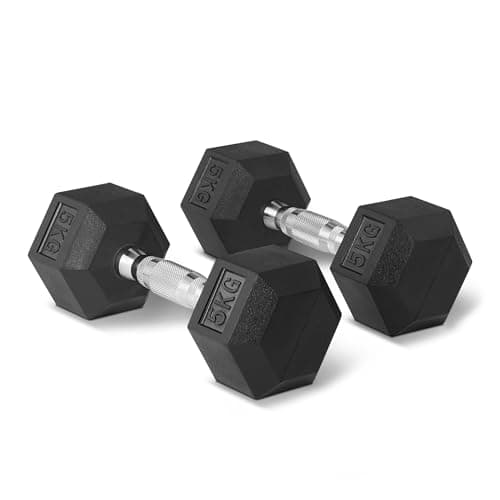 Image of Amazon Basics Rubber Encased Hex Dumbbell Weights Set, 5 kg, Black