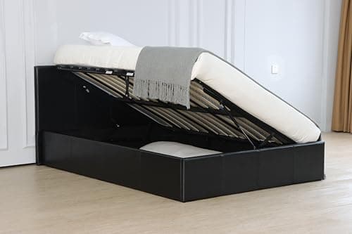 Image of Ottoman Storage Bed Frame with Side Lift, Black Faux Leather, Metal Frame with Wooden Slats, Massiave Underneath Storage (Double)