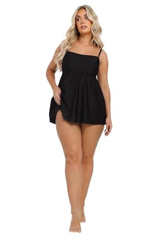 Image of Yours Curve Mesh Panel Tummy Control Costume One Piece Swim Skirt Dress With Adjustable Straps - Women's - Plus Size Curve Black 16