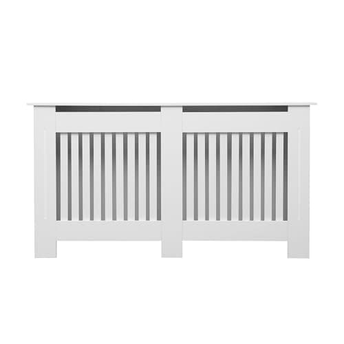 Image of Vivo Technologies Large Radiator Cover White Modern, MDF Wood Vertical Slat Grill Shelf Cabinet Decorative Heater Cover, W 152 x H 82 x D 19 cm