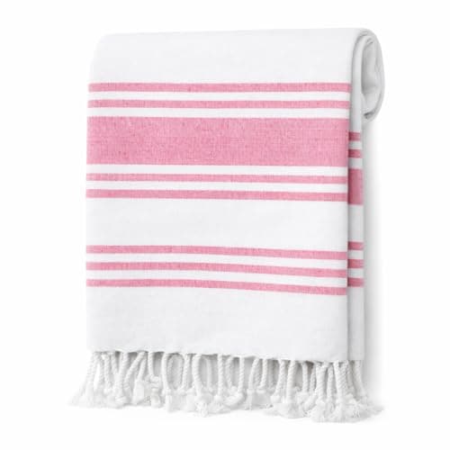 Image of Adore Home Large Hammam Beach Towel Striped Turkish Style Fouta Peshtemal Cotton, Rio Stripe Pink