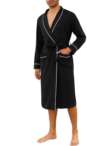 Image of Vlazom Men's Waffle Dressing Gown, Lightweight Knit Bathrobe Cotton Blend Soft Kimono Robe with Pockets for All Season Black,L
