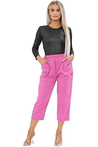 Image of AFR Women Capri Trousers Cropped Pants Ladies 3/4 Three Quarter Length Stretch Pull On Elasticated UK Size 10-24 (Fuchsia, 18)