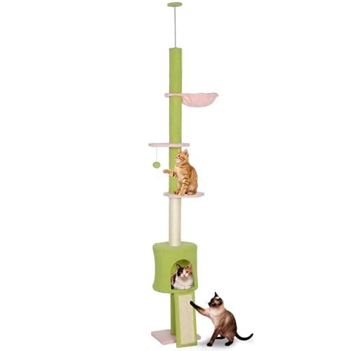 Image of PawHut Floor to Ceiling Cat Tree, 5-Tier Adjustable Height Cat Tower 220-240 cm with Hammock, Condo, Scratching Posts, Ramp, Perches, Indoor Kitty Activity Centre, Green
