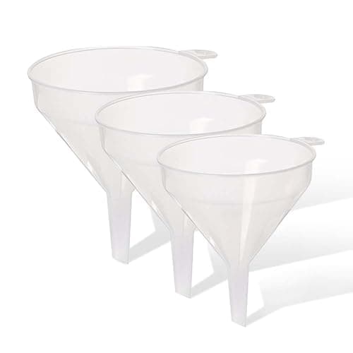 Image of 3Pcs Clear Plastic Funnel for Filling Bottles or Containers 18cm, 14cm, 8cm for Kitchen - Handle & Slimline Neck for Transfer powder Liquid and Oils ideal for Garage & Labs
