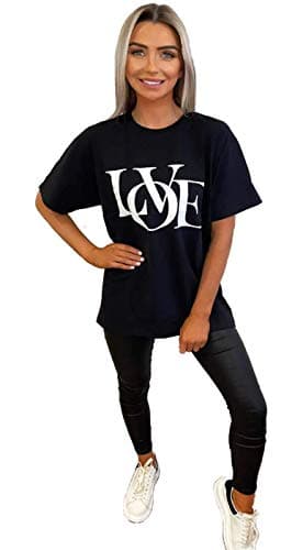 Image of Women's Love Slogan Short Sleeve Oversized Printed Casual Summer Loose Fit Baggy Fashion Ladies T-Shirt Tee Plus Size Tops UK 8-24 (Black, 20, Numeric_20)