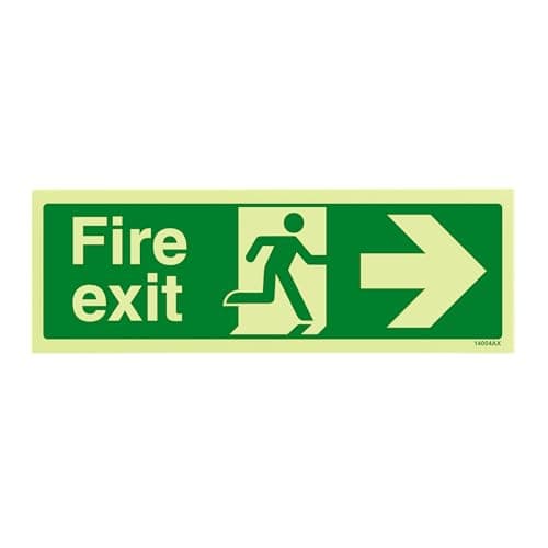 Image of V Safety Glow In The Dark Fire Exit Arrow Right Sign - 300mm x 100mm - Rigid Plastic