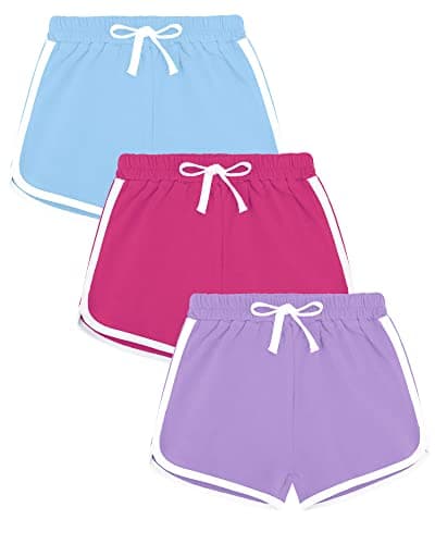 Image of Auranso Girls Athletic Shorts 6-14 Years Teen Kids Running PE Gym Sports Shorts Colourful Summer Casual Beach Short Pants 3 Pack Rose Blue Purple, 8-10 Years