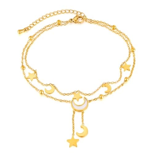 Image of Estrellique Double Chain Anklet with Small Star and Moon Mother-of-Pearl Pendant, Gold Anklets for Women Girl, Adjustable 22+5CM Chain Anklets, Waterproof Barefoot Summer Beach Anklet Birthday Present