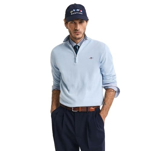 Image of GANT Men's Classic Cotton Half Zip Pullover Sweater, Fresh Blue, M